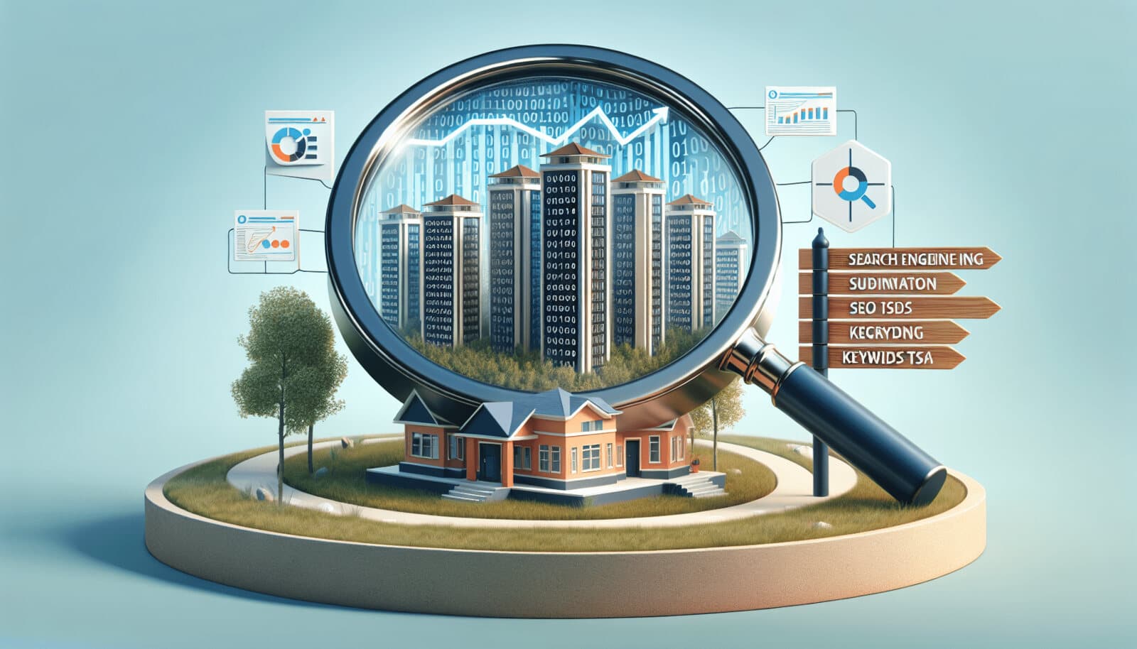 Illustration of a magnifying glass over apartment buildings, with search result markers