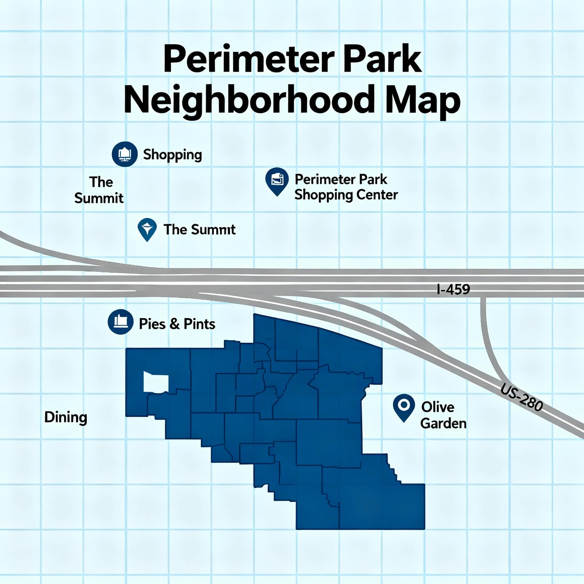 Neighborhood map showing The Estates at Perimeter Park location